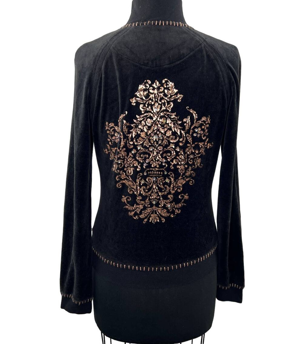 90s Y2K Twisted Heart Black Velour Zip Rose Gold Embellished Jacket Sweater M